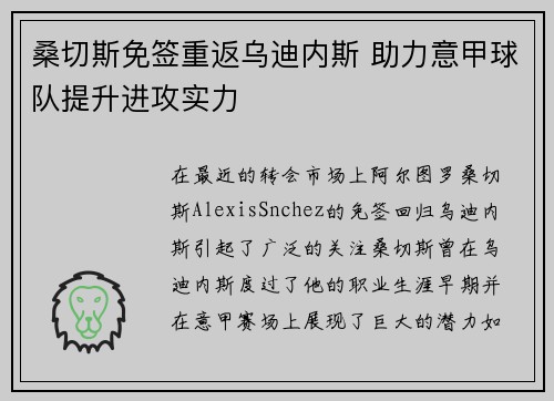 桑切斯免签重返乌迪内斯 助力意甲球队提升进攻实力